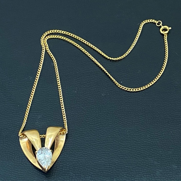Vintage Unsigned Gold-Plated Heart Slider Pendant Teardrop Clear CZ 16” Necklace - Picture 2 of 15